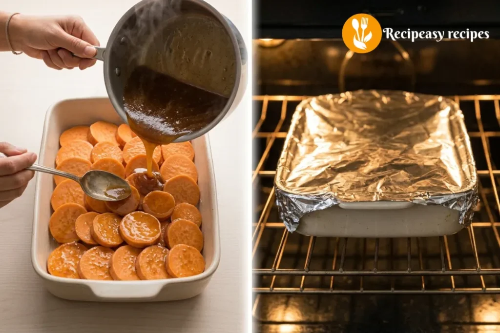 pouring syrup over sweet potatoes and covering to bake