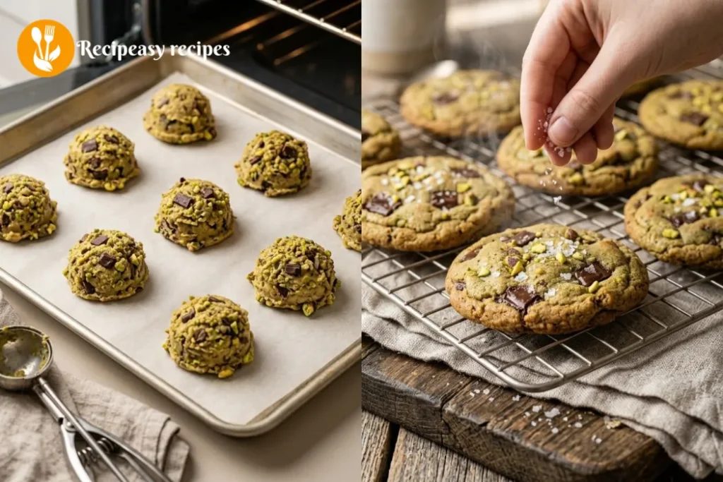 scooping and baking pistachio cookies then finishing with sea salt