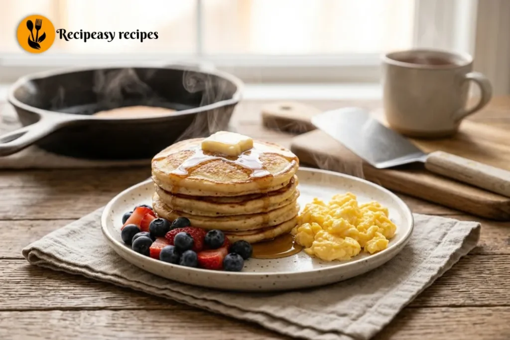 cottage cheese pancakes served warm with berries and syrup