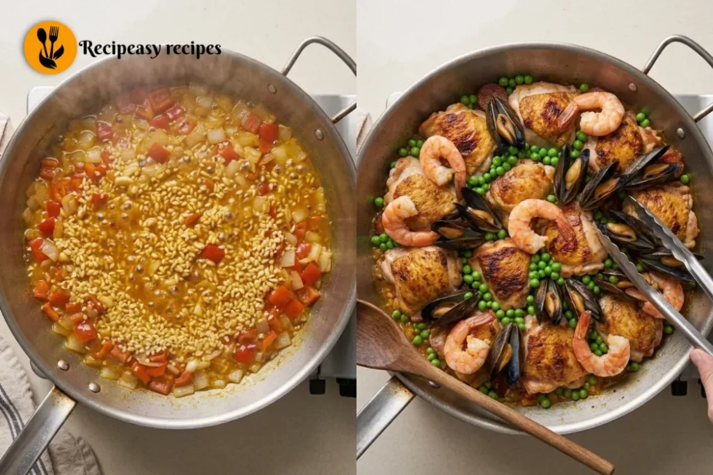 adding rice and saffron then pouring in broth