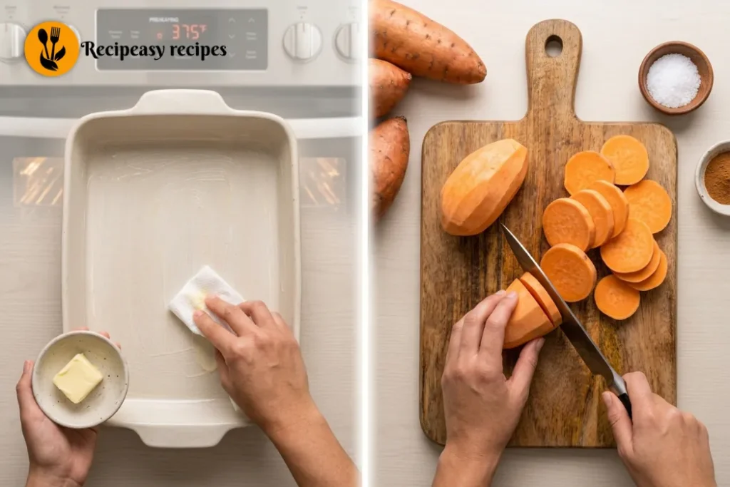 buttering baking dish and slicing sweet potatoes