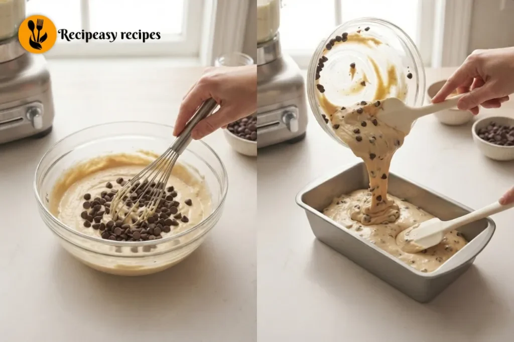 stirring in chocolate chips and transferring to loaf pan